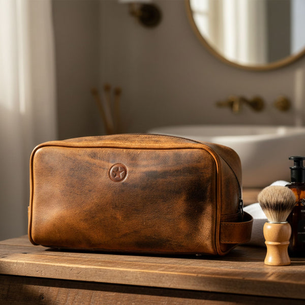 Tampa Leather Toiletry Bag - Caramel - Aaron Leather Goods