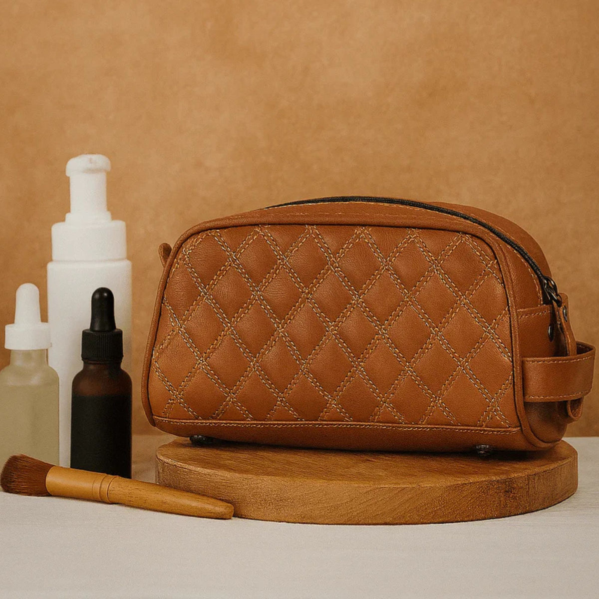 Ample Glide Quilted Leather Toiletry Bag - Caramel