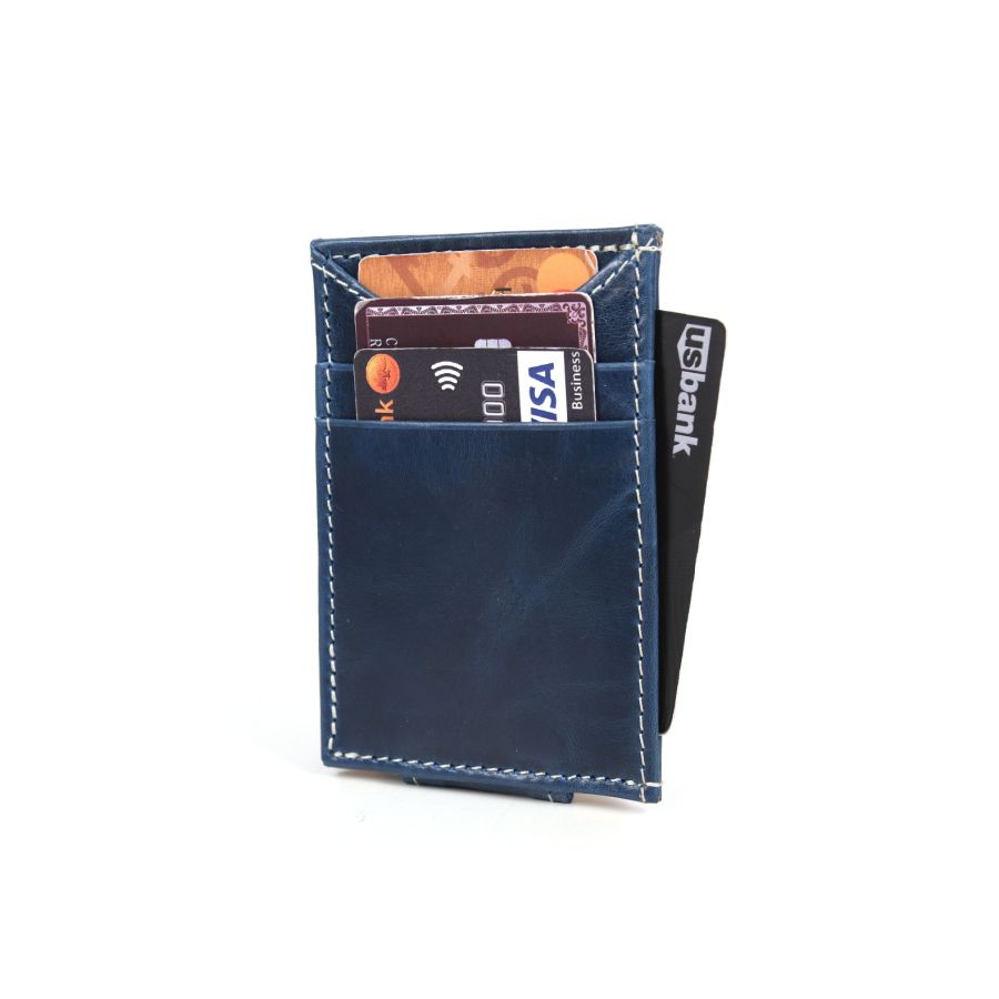 Blue Mens Leather Money Clip Wallet